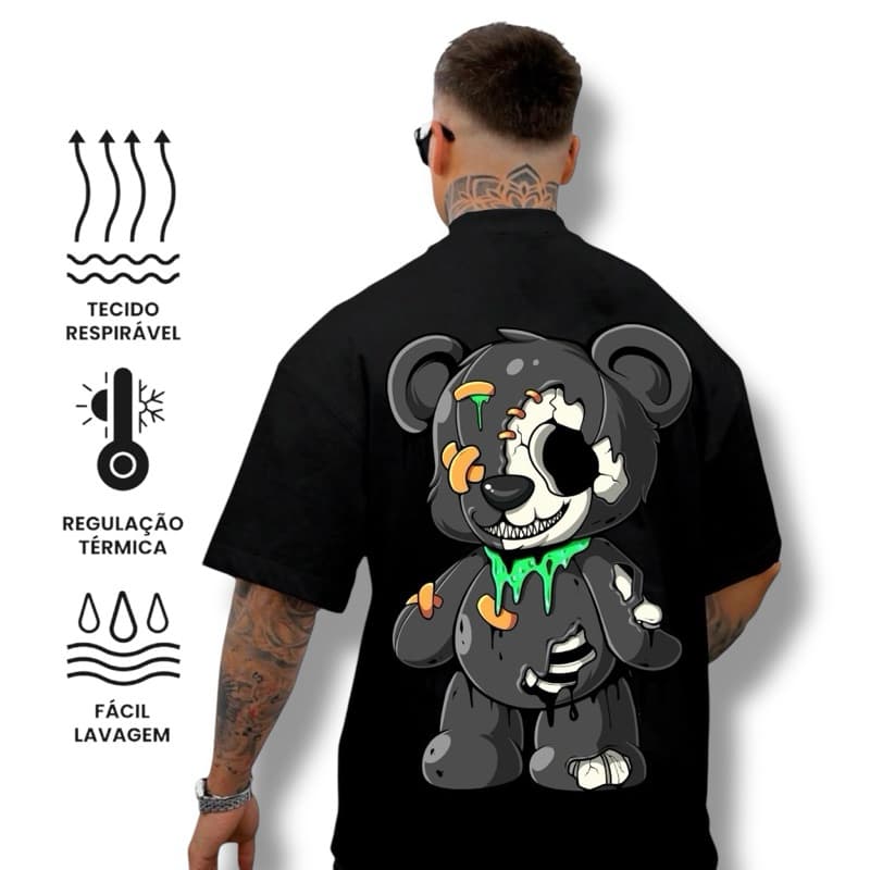 Camiseta Algodão Urso Estampada Oversized Masculina Streetwear Academia Treino 30.1 Penteado Gola Redonda