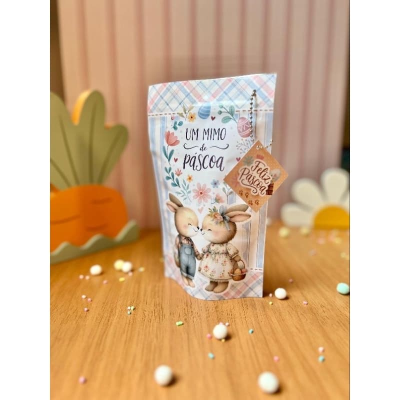Saquinho Lembrancinha de Páscoa Coelho Zip Lock Metalizado + Tag e Correntinha | Porta Bombom 19x12cm