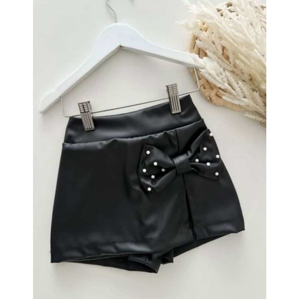 Short Saia Couro Infantil Com Laço Aplique Para Meninas