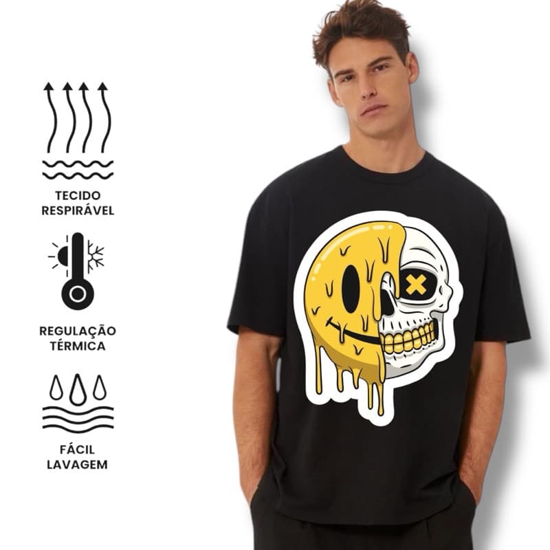 Camiseta Algodão Leve Oversized Estampada Blusa Streetwear Moda Masculina Smile Treino Slim Premium