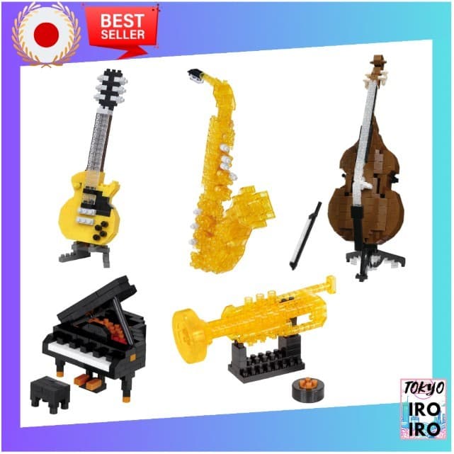 [Qualidade do Japão] Guitarra elétrica Nanoblock amarela NBC_347 / Saxofone alto NBC_390 / Piano de cauda NBC_336 / Contrabaixo NBM-057 / Trompete NBC_338