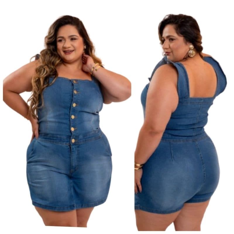 Jardinheira Short Saia Plus Size Laycra Jeans Feminino
