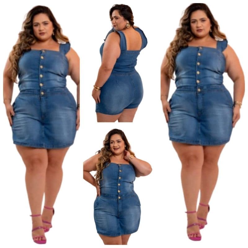 Jardineira Short Saia Jeans Feminino Ciganinha Plus Size Laycra