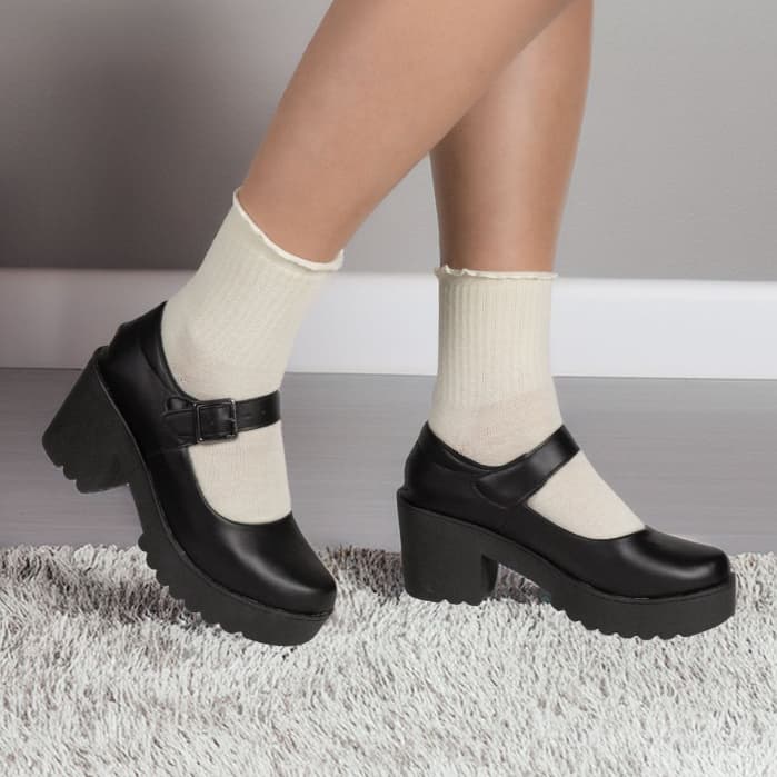 Sapato Mary Jane Macerata Salto Grosso com Fivela Vintage Estilo Britânico Boneca Lolita Ref: 178
