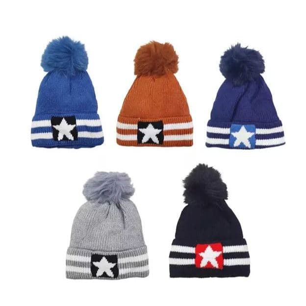 Touca Gorro Pompom com estampa estrela Infantil bebê para inverno frio REF: WYZ-5