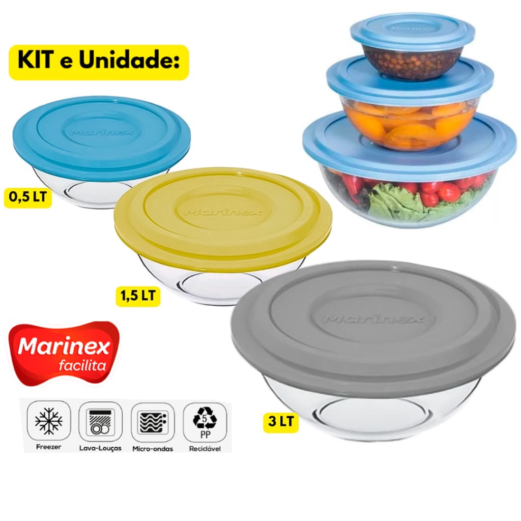 Jogo Tigela Astral Plus 0,5/1,5/3LT Com Tampa Vidro Refratário Marinex Bowl Redonda Multiuso Pote
