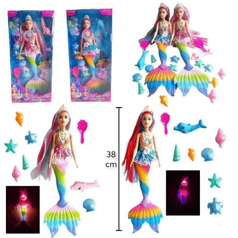 Boneca Brinquedo de Sereia Princesa com Luz Led e Som Musica com Cauda Arco Iris