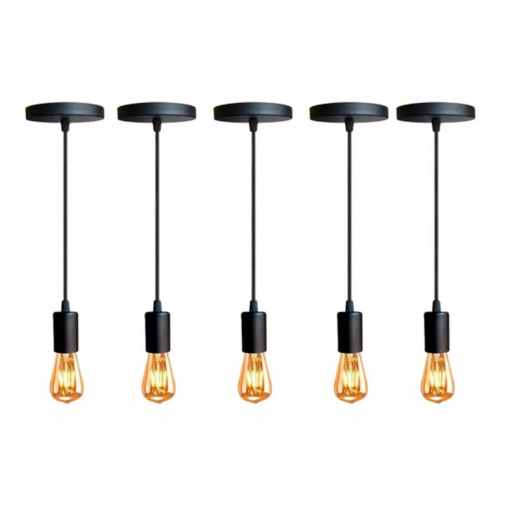 Kit 5 Luminárias Pendente Industrial Vintage Retrô Fio Preto Cabo 1Metro Ajustávél