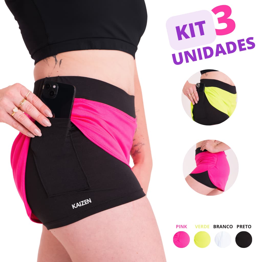 kit 3 Shorts Feminino 2 em 1 De Compressão Perfeita Para Academia, Corrida, Esportes