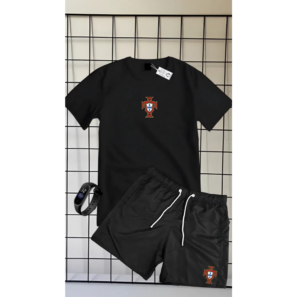 CONJUNTO CAMISETA 100% ALGODÃO MANGA CURTA BERMUDA TACTEL ESTAMPA PORTUGAL BASICO  + RELOGIO DE BRINDE