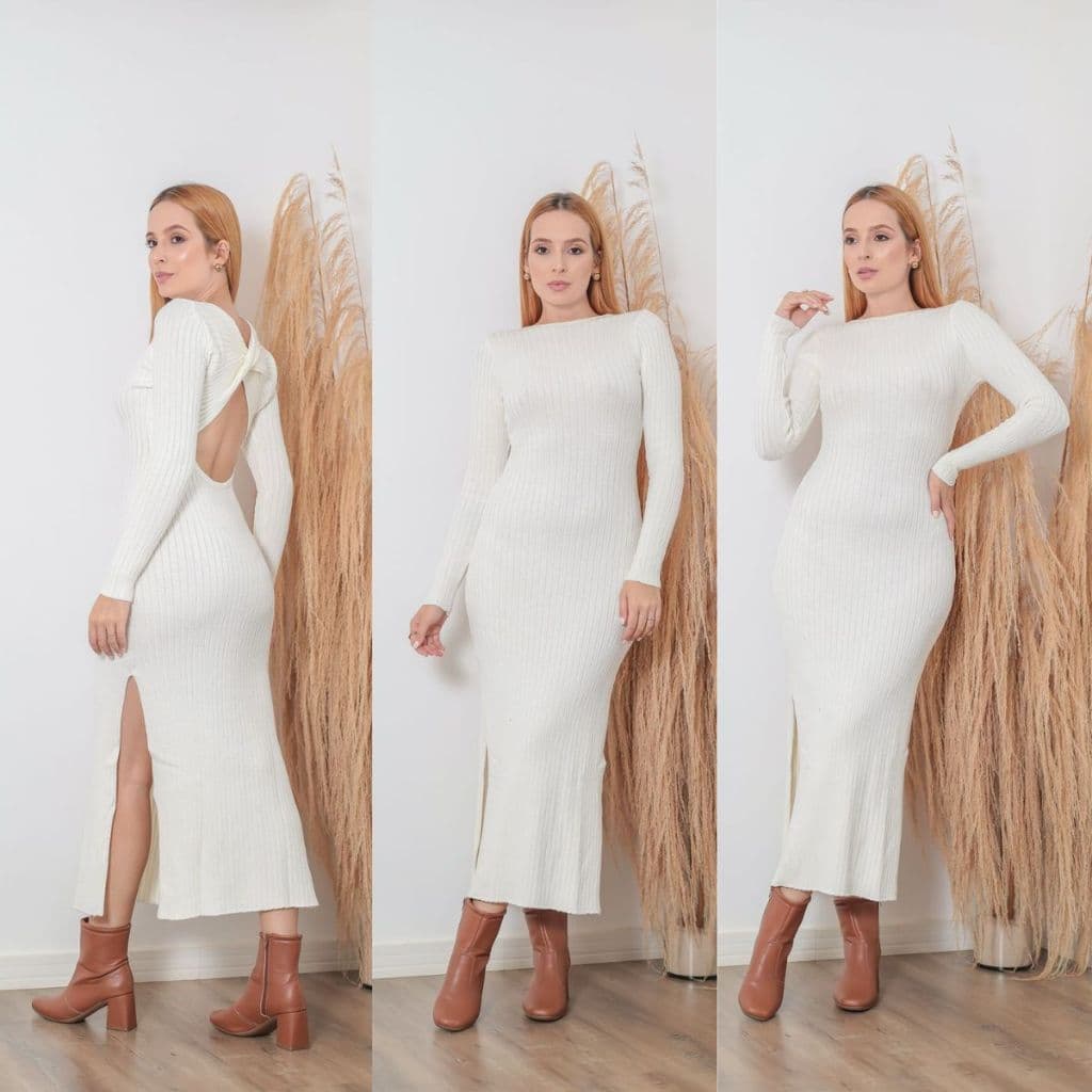 Vestido Feminino Tricô Moda Inverno Longo Manga Manga com Fendas Laterais Detalhe Cruzado Nas Constas Tricot Canelado