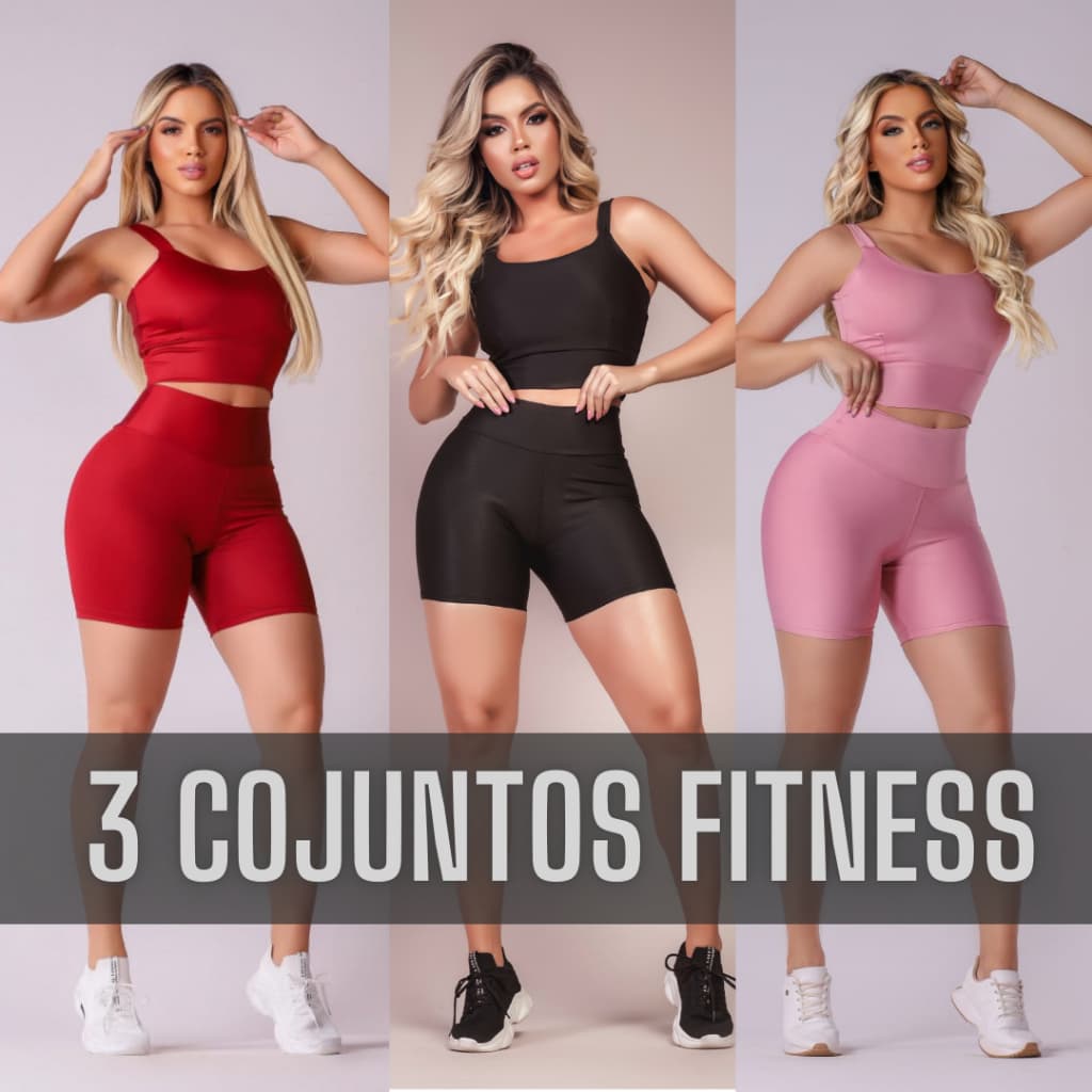 KIT 3 CONJUNTOS FINTESS SHORT E CROPPED - CONJUNTO ACADEMIA CINTURA ALTA