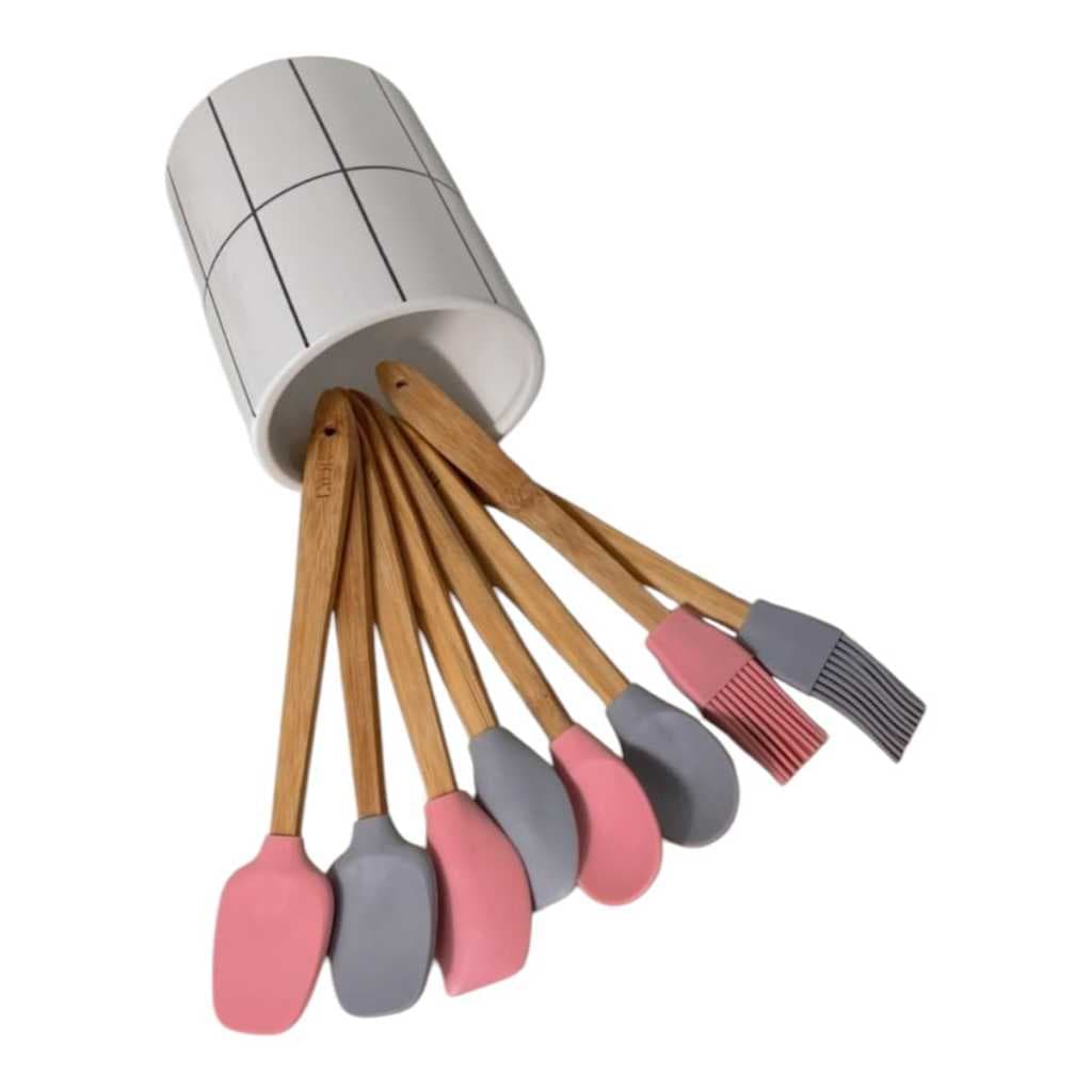 Conjunto 4 Utensílios de Silicone com Cabo em Bambu Cinza ou Rosa Lyor