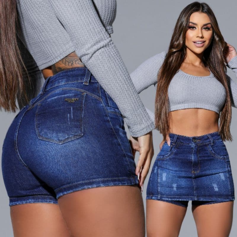 Short Saia Jeans PREMIUM Luxo cintura cós alto com LAYCRA elastano casual versátil empina bumbum