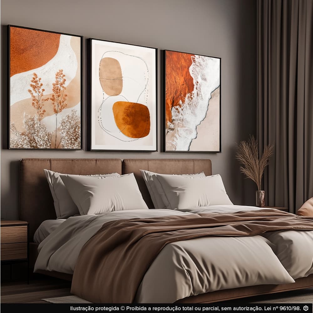 Kit 3 Quadros Decorativo Sala Quarto Abstrato Moderno Rosa Dourada Decoração