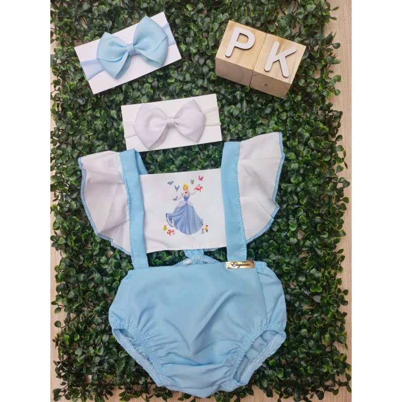 romper bebe menina fantasia  temático Cinderela azul Mesversário com laço