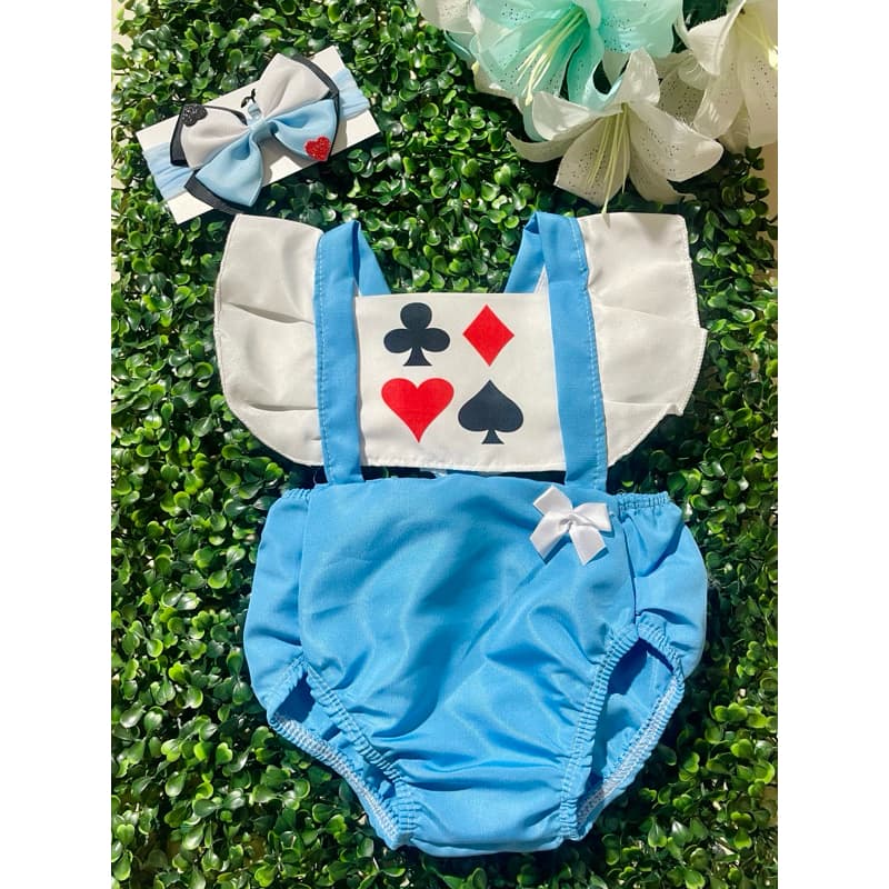 romper bebe menina fantasia  temático Alice no país das maravilhas pequena Mesversário com laço temático