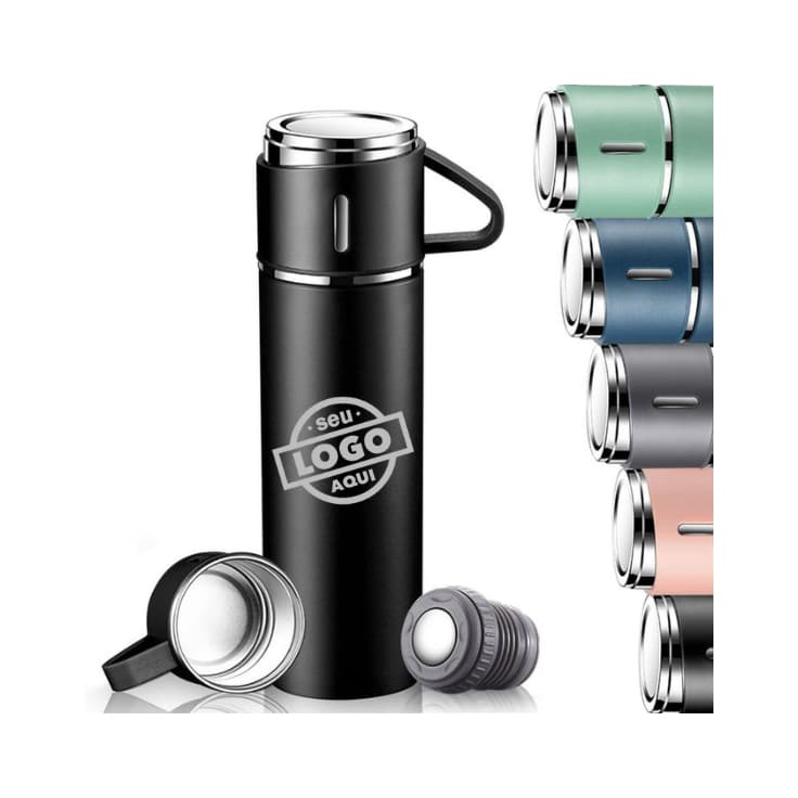30 Kits Café Personalizados a Laser Garrafa Térmica Inox 500ml + 3 Xícaras Bebidas Fria ou Quente