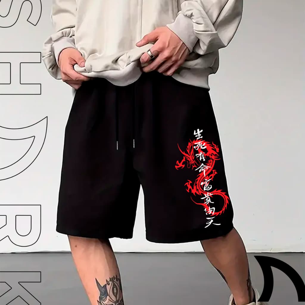 Bermuda Masculina Short Moletom Esportivo Versatil Casual Streetwear Moda Oriental Japao Dragao