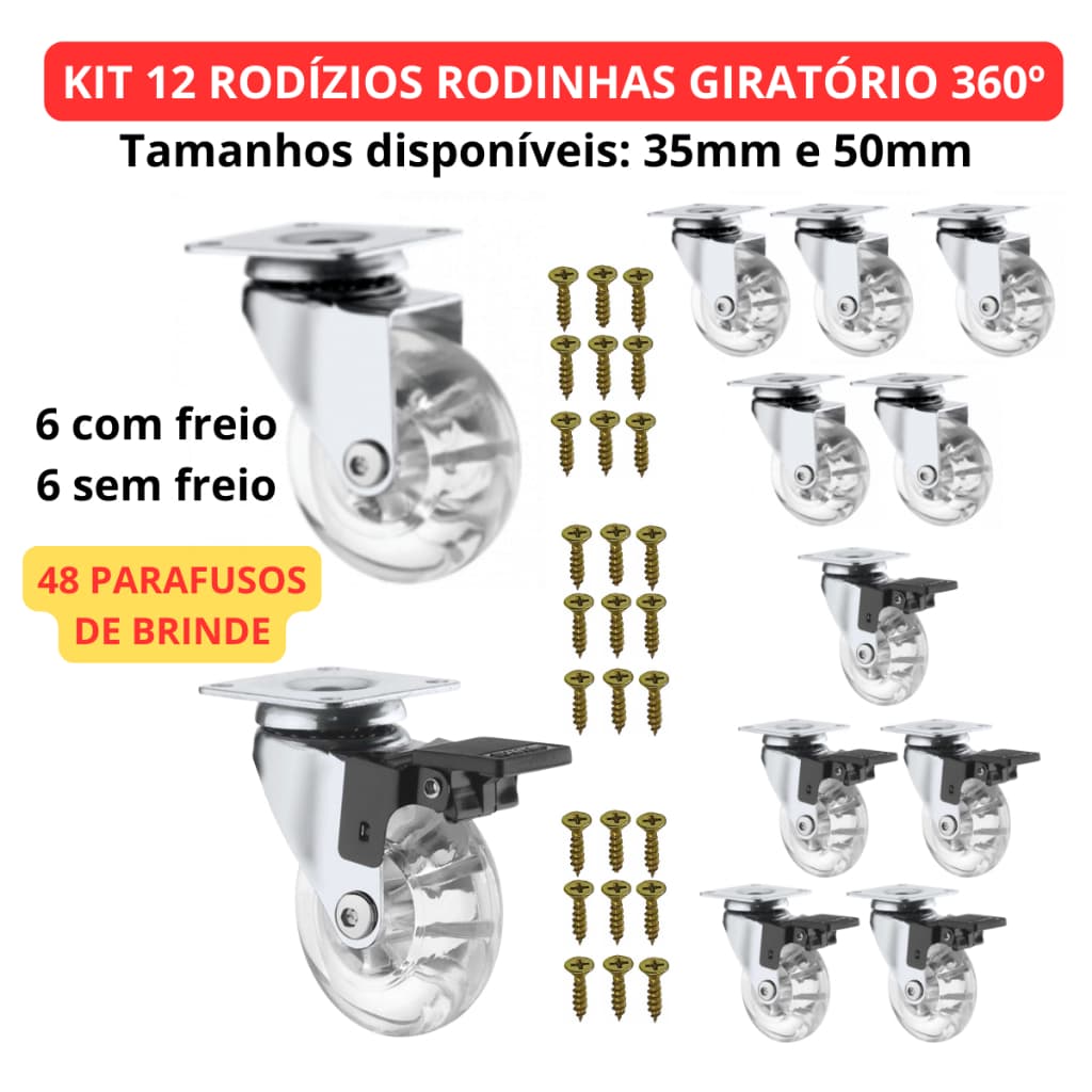 Kit 12 Rodinha Giratório Gel Silicone 6 Com Trava 6 Sem Trava - 50mm