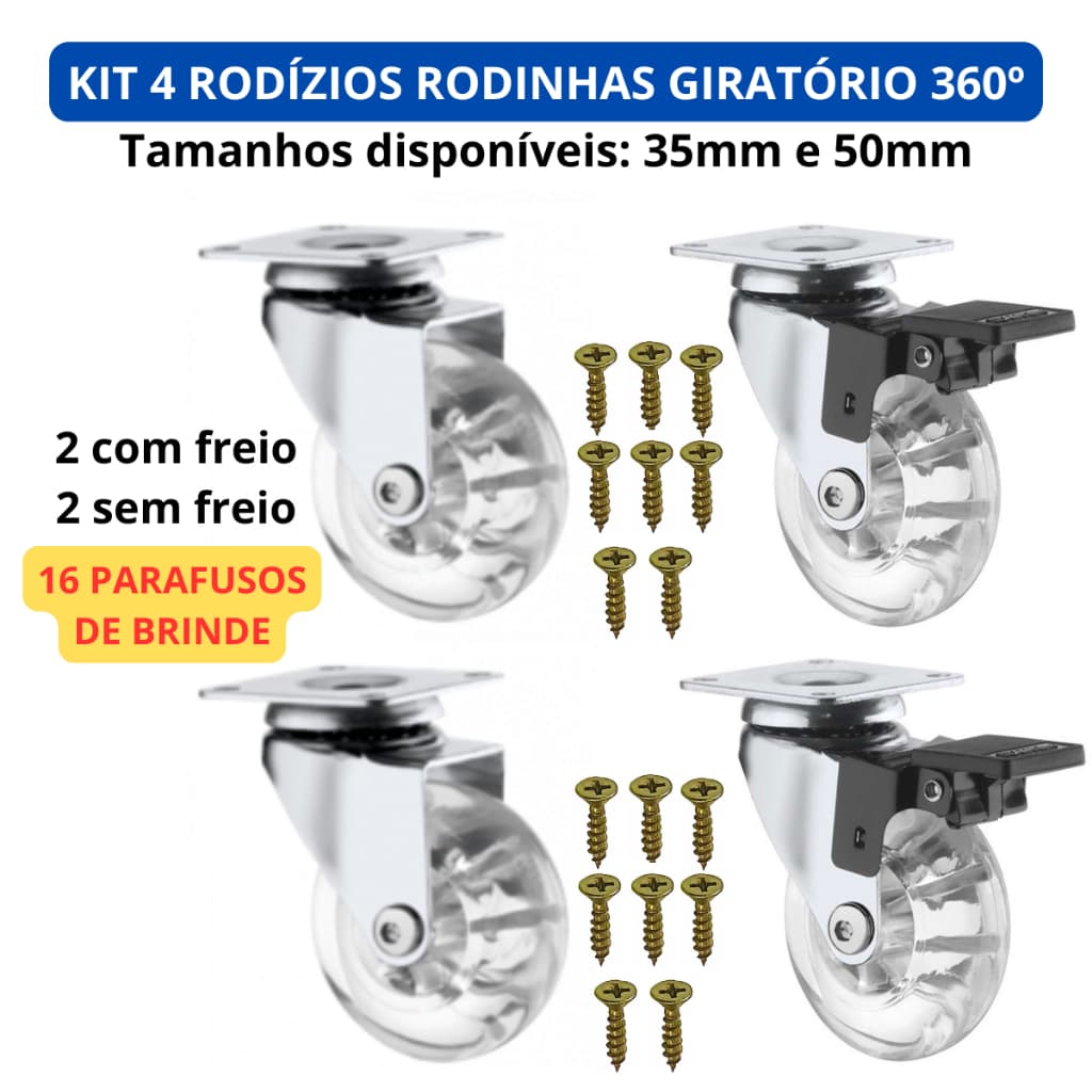 Kit 4 Rodizio Rodinha Giratório Gel Silicone Com Trava Sem Trava 35mm 50mm Móveis Armário Geladeira