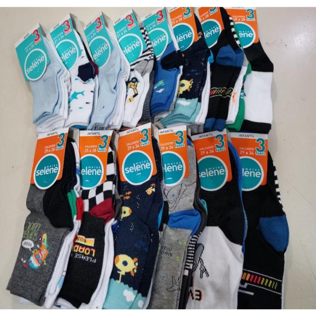 Meias Selene De Algodão Kit Com 3 pares Não Da Chulé Confortável Menino e Menina