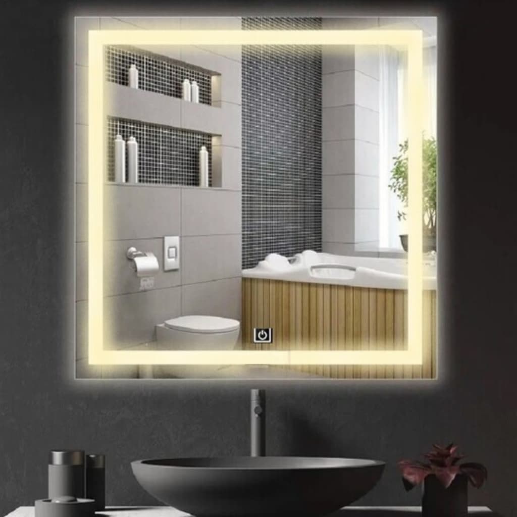 Espelho Quadrado Grande 50x50cm Jateado Iluminação Led Touch com Fonte Parede Decorativo Banheiro