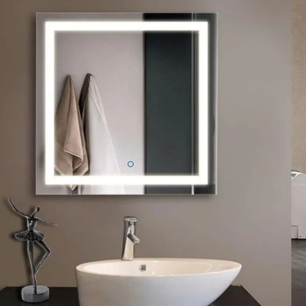 Espelho 90x90 Jateado Com Led Touch Premium Quadrado Lapidado Decoração Banheiro Sala Quarto Luxo