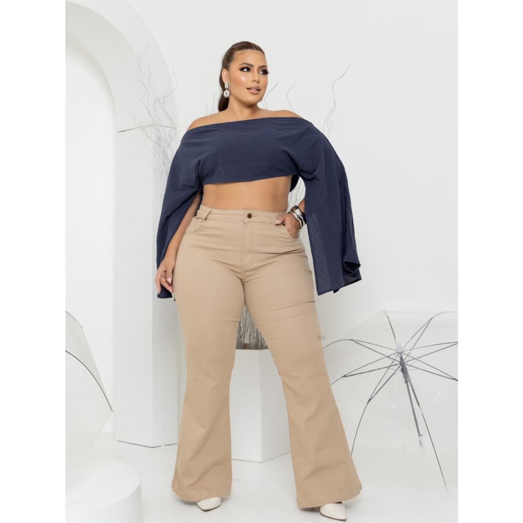 Calça Flare Jeans Feminina Plus Size Cintura Alta Com Lycra