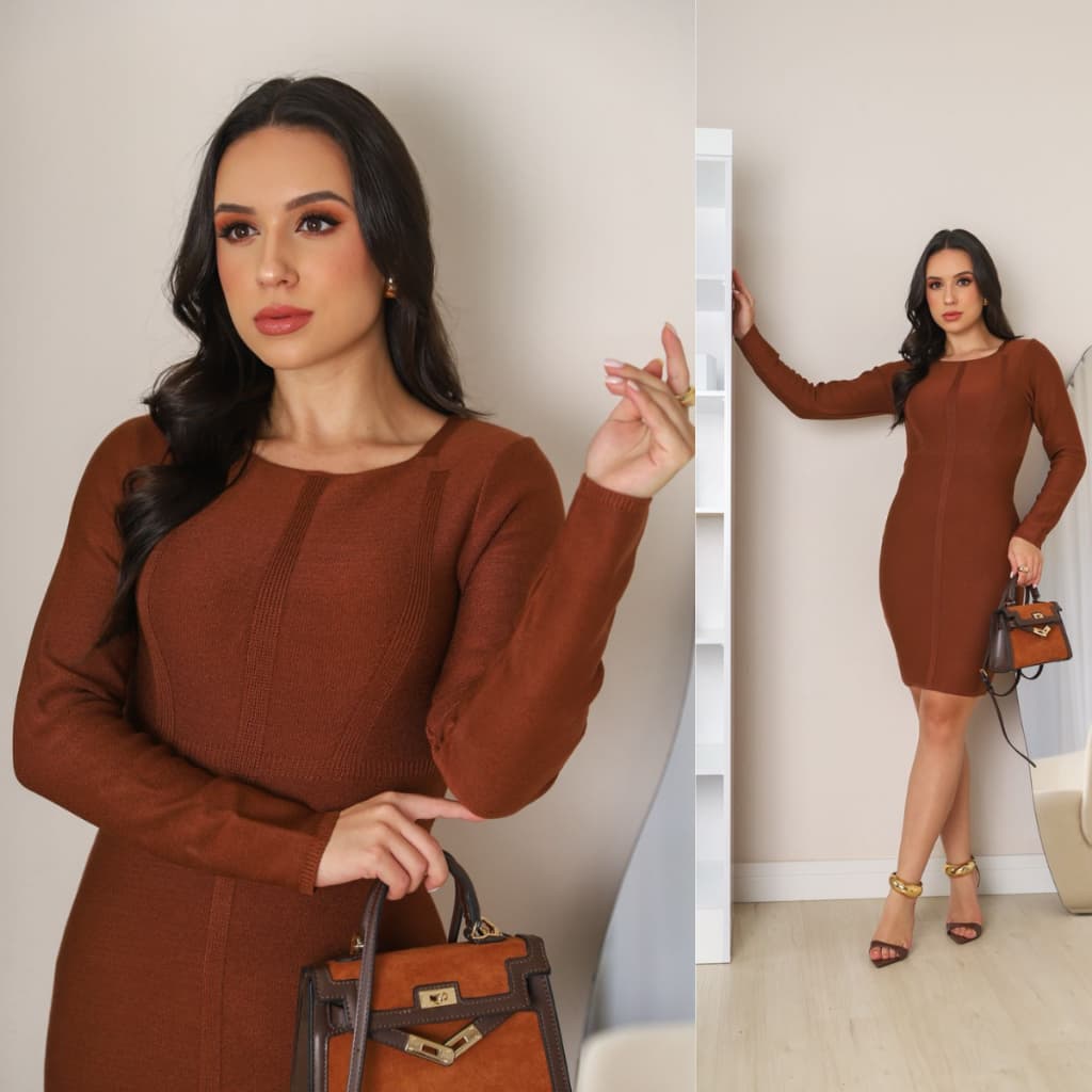 Vestido Feminino Tricot Curto Manga Longa Tricô Moda Verão e Inverno