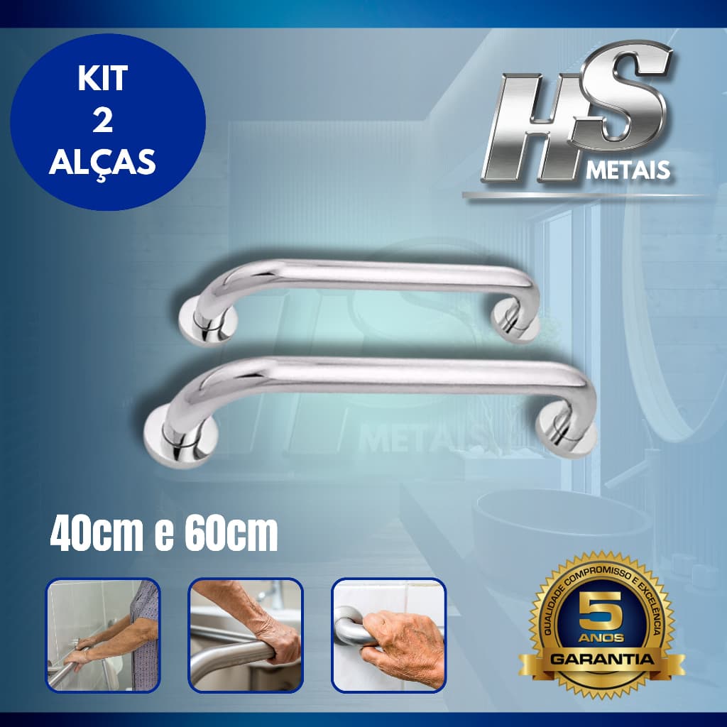 KIT 2 ALÇAS DE SEGURANÇA 40CM E 60CM PARA BANHEIRO BARRA DE APOIO AUXILIO IDOSO CORRIMAO DEFICIENTE