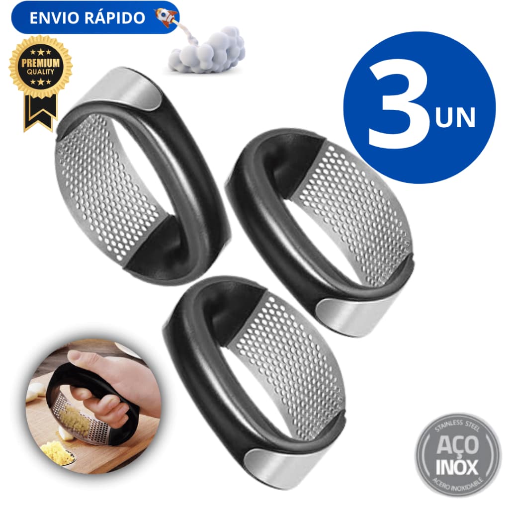Kit 03 Espremedor Amassador De Alho Inox Manual A Pressão Linha Premium Resistente Durabilidade Triturador de Alho