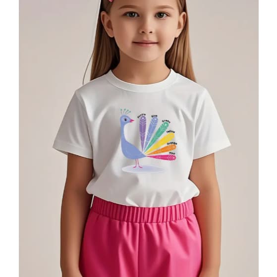 Camiseta Infantil menina Pavão color Blusa Criança estampada 100% algodão