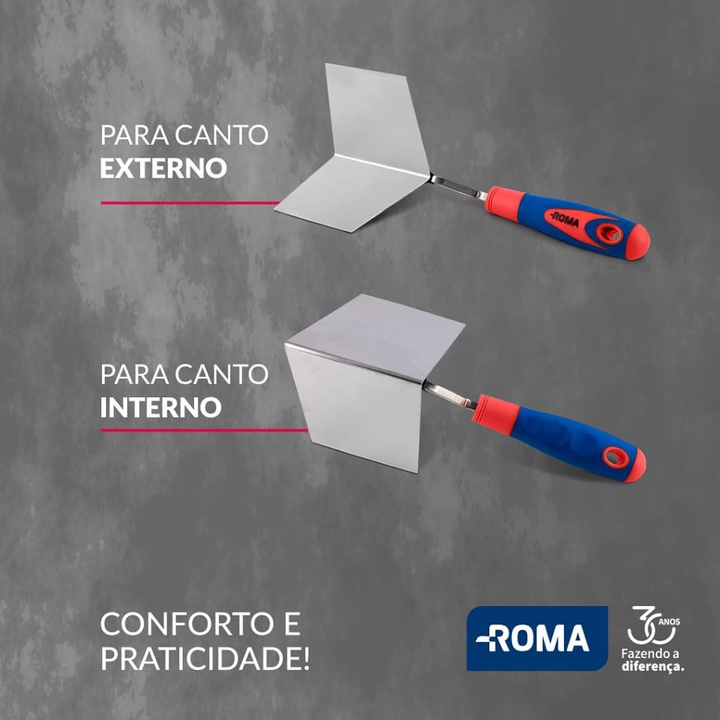 Kit Roma Desempenadeira Aço Inox para Canto Externo e Interno Cabo Emborrachado