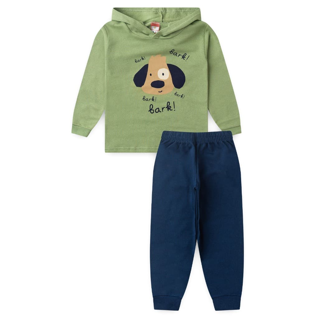 Conjunto Bebê Inverno Moletom com Capuz Estampado e Calça Lisa 1/2/3