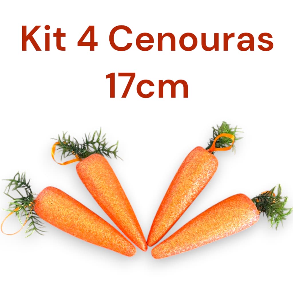 Conjunto 4 Cenouras 17cm p/ Pendurar Decoração de Páscoa Cenoura com Glitter Cesta/Arvore de Páscoa