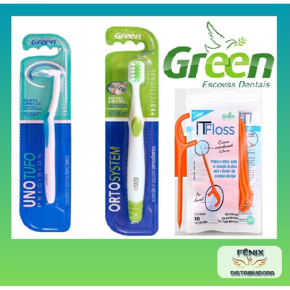 escova dental ortodontica original green+escova unotufo+pct c/10 itfloss ld fio pick, ld interdental