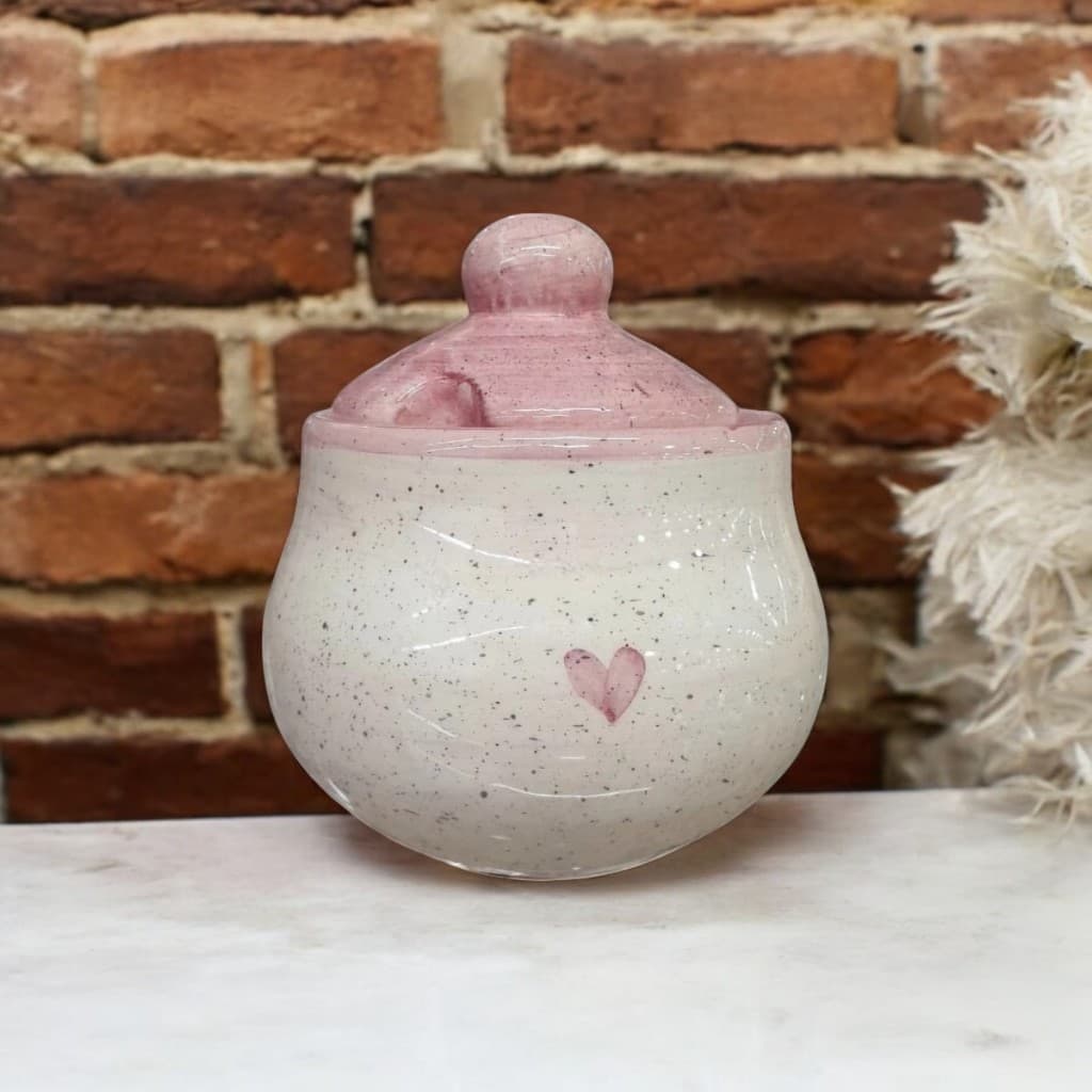 Açucareiro Redondo c/ Tampa Rosa Coração Cerâmica Pintado a mão 350g