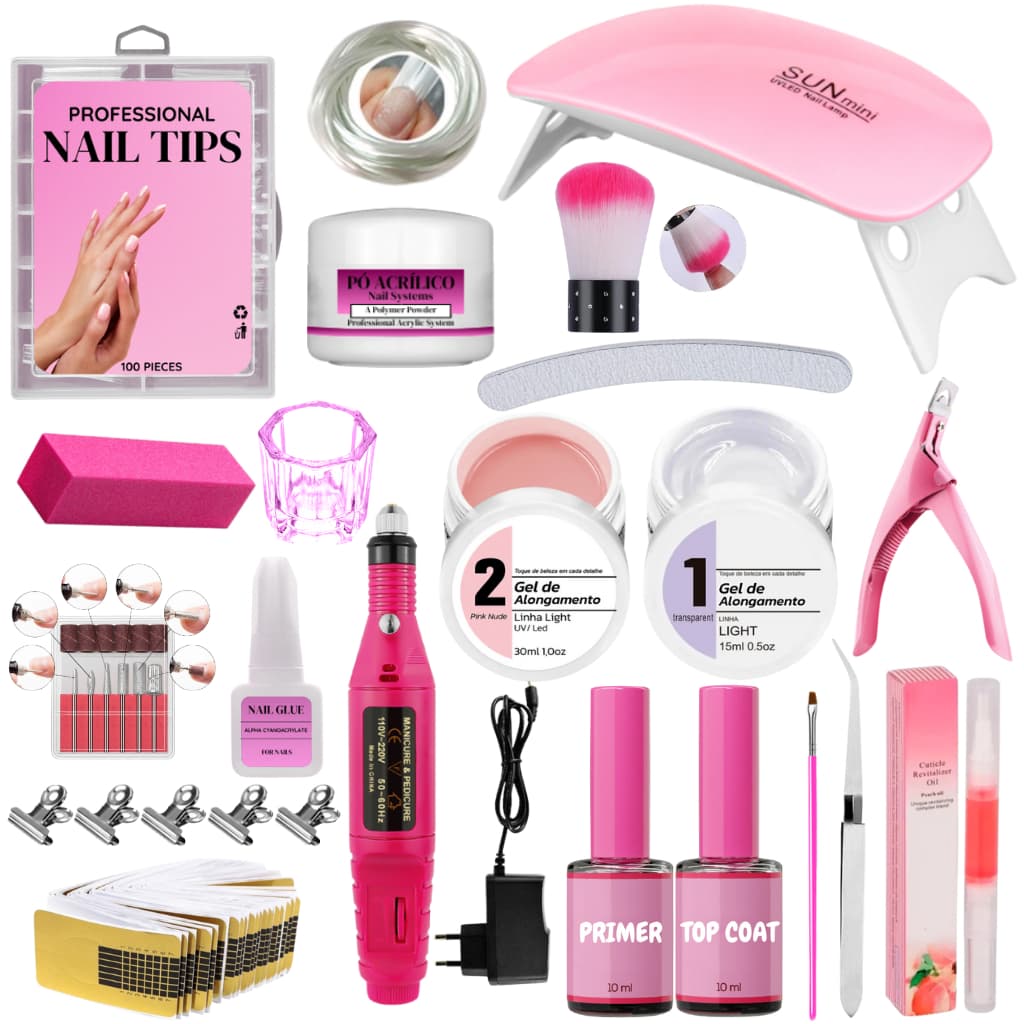Kit Unha de Gel Completo + Cabine Sun + Lixadeira Elétrica de Unhas + Tips Acrigel + Caneta Oleo