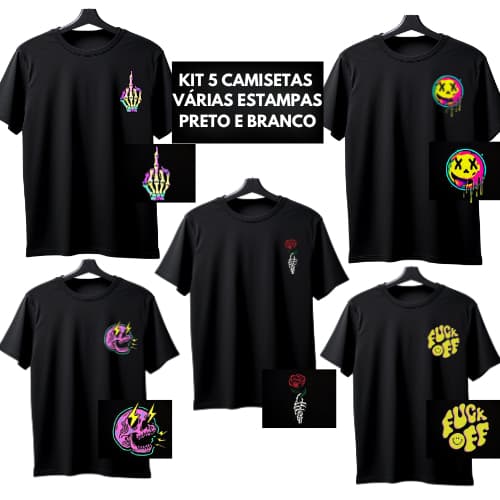 KIT 5 Camisetas Masculinas Femininas - Diversas Estampas - 100% Algodão Premium