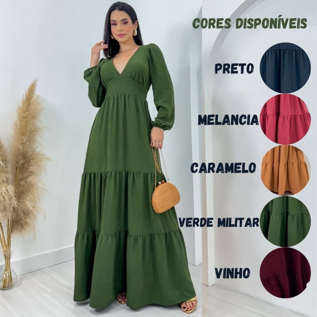 Vestido Longo Feminino Manga Longa De Inverno Tecido Duna