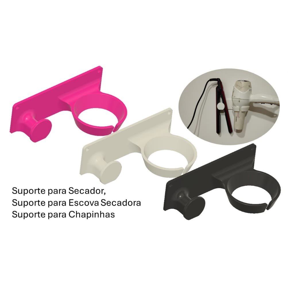 Suporte De Parede P/ Secador De Cabelo e Chapinha - Universal C/ Fita Dupla Face ou Parafusos