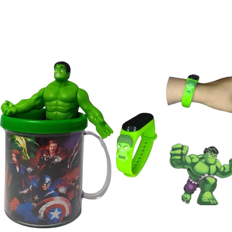 kit3 de boneco caneca de Hulk com relógio