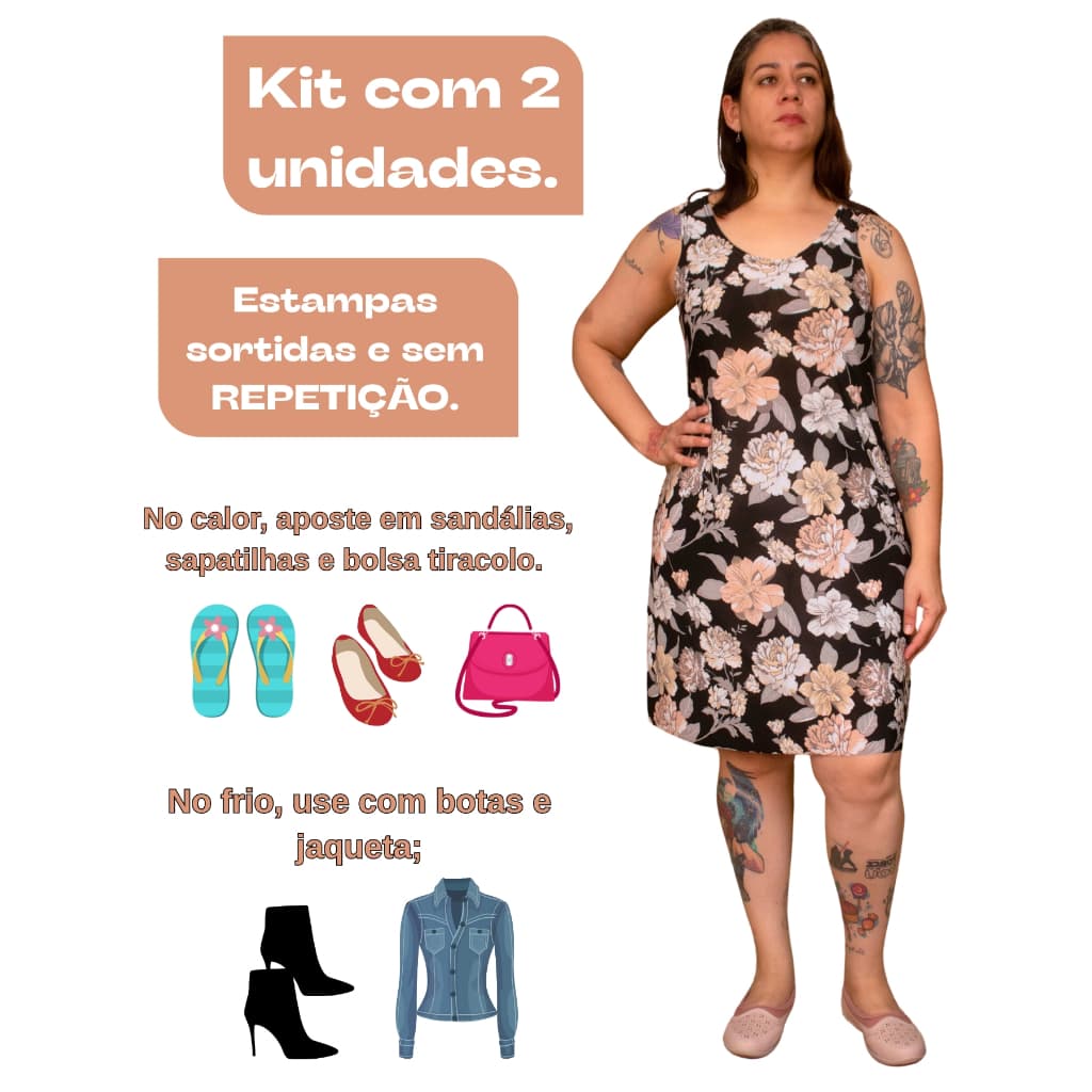 Kit 2 Vestidos Regata Malha Fria Liganet Verão Lindas Cores e Estampas Feminino Adulto
