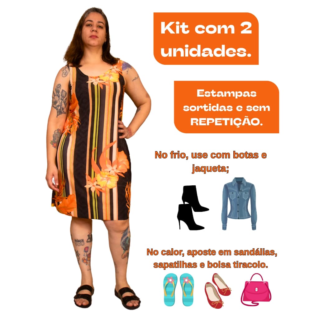 Kit 2 Vestidos Feminino Malha Fria Verão Regata Lindas Cores Estampas