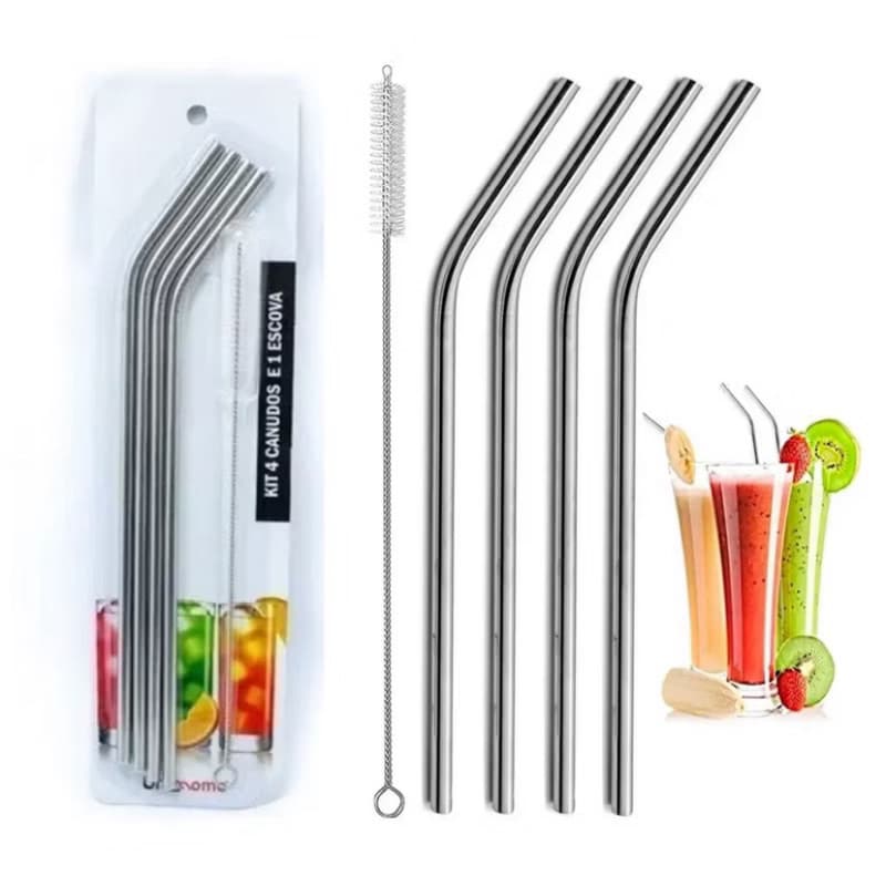 Kit 5 Peças Canudo Reto, Curvo e Escovinha Limpeza Inox Casa Nova