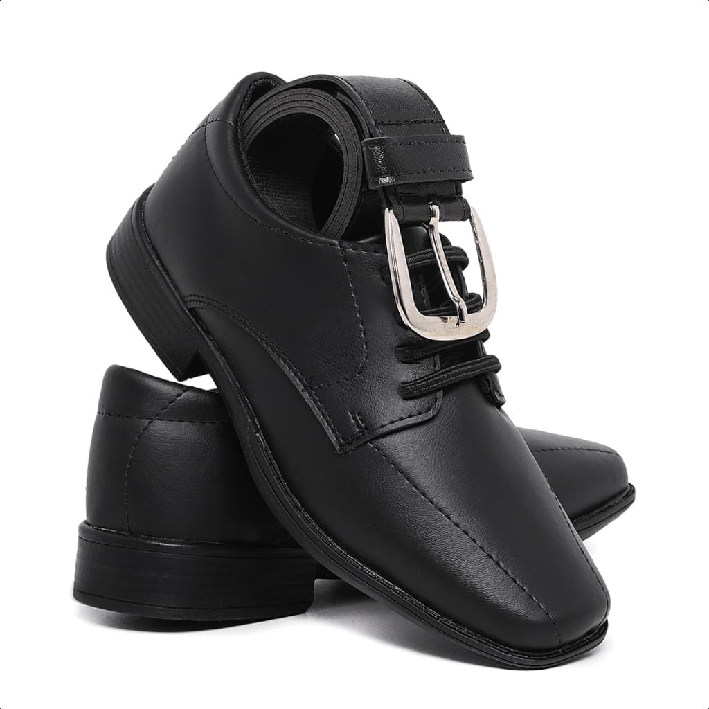 Kit Sapato Social Masculino Infantil Cinto 447 Uniforme Casamento Daminho Preto Menino