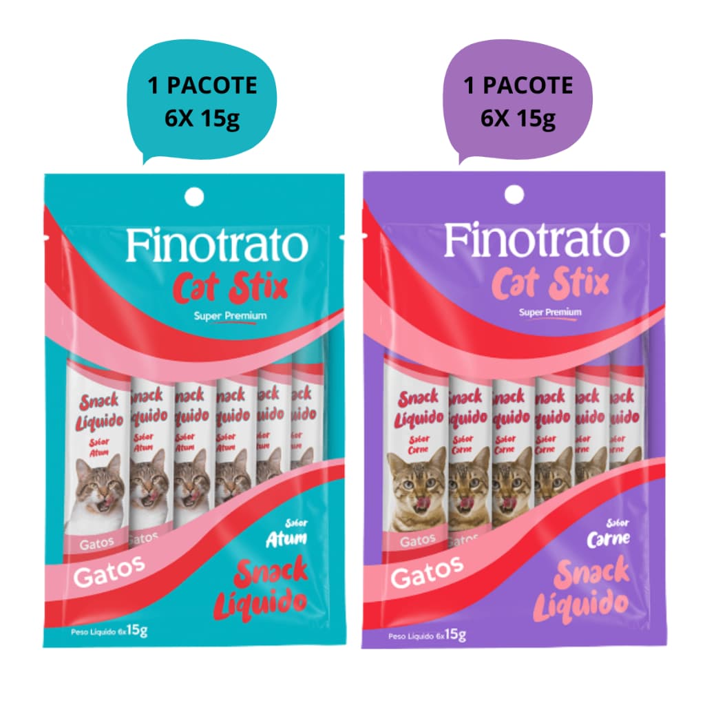Kit 12 Unidades Petisco Líquido Finotrato Cat Stix – Frango, Atum , Carne e Salmão