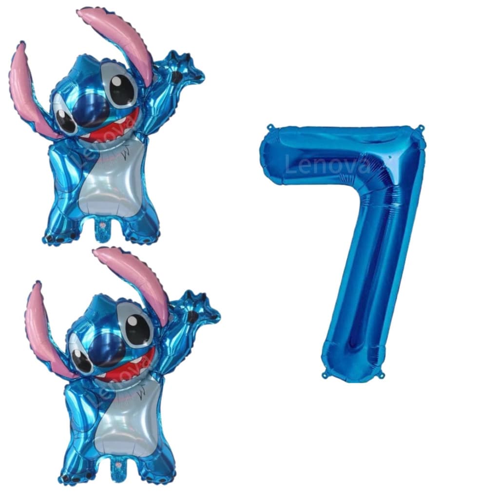 Kit 2 Peças Balão Metalizada Stitch + 1 OU 2 Números Azul para Festa de Aniversário