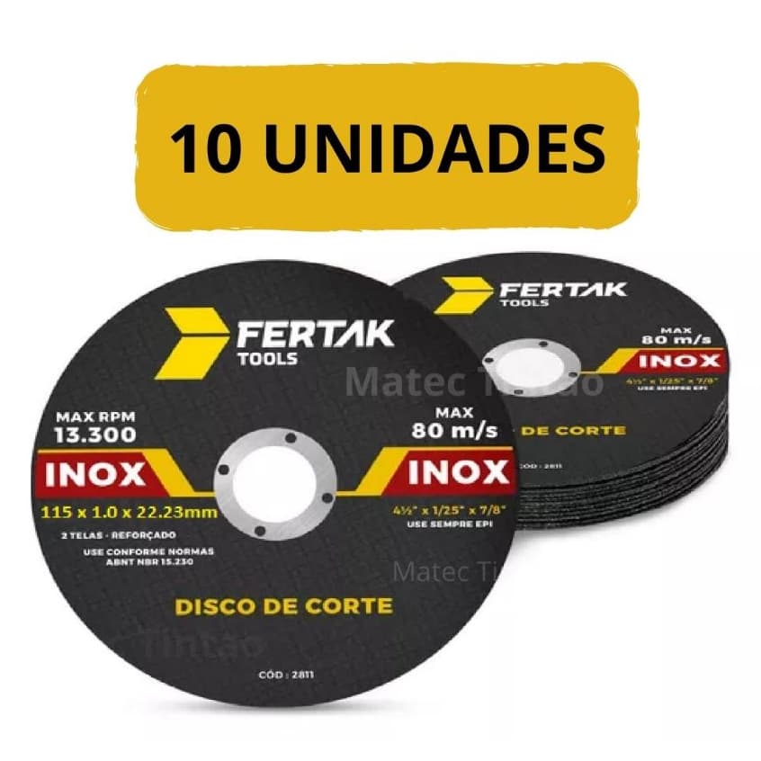 kit 10 Disco de Corte 4.1/2 Metal Aço Carbono Inox Kit de discos profissional 115mm Fertak